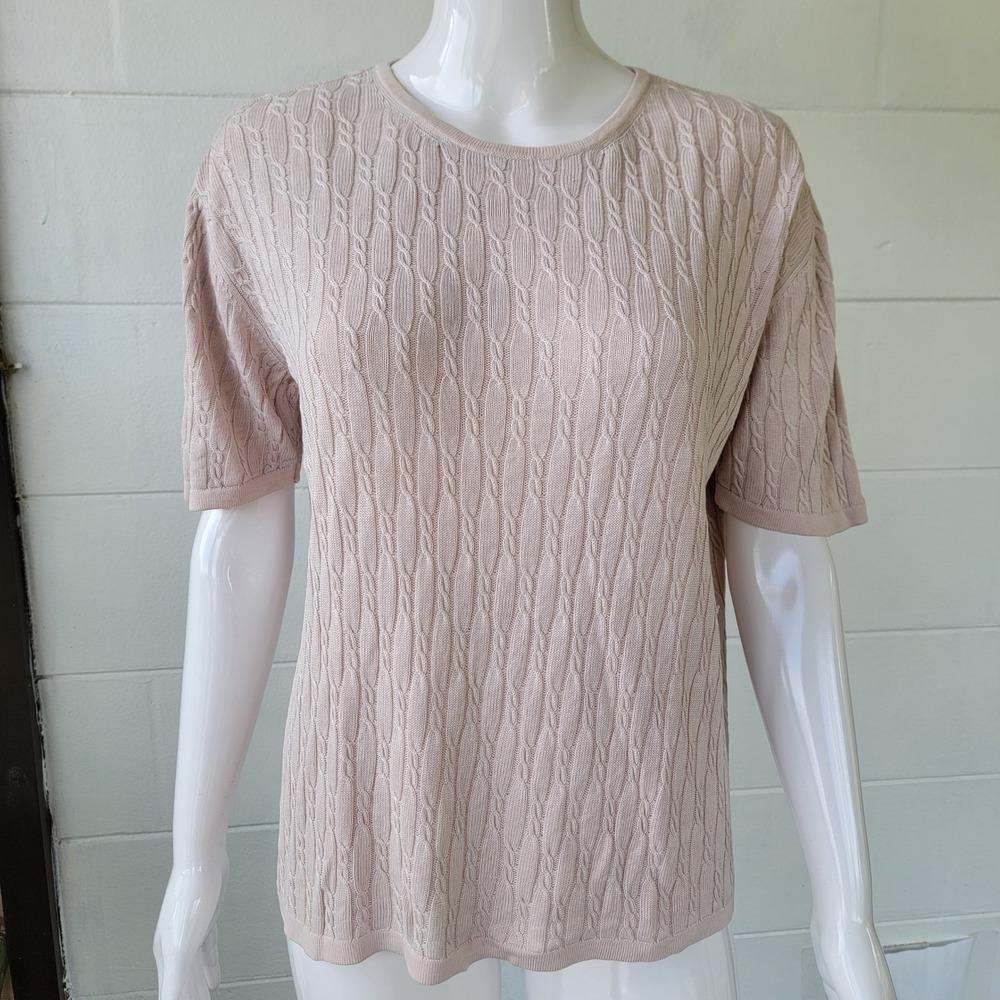 Vintage 80s Talbots Short Sleeve Sweater Tan Women M 100% Silk Cable Knit Top‎